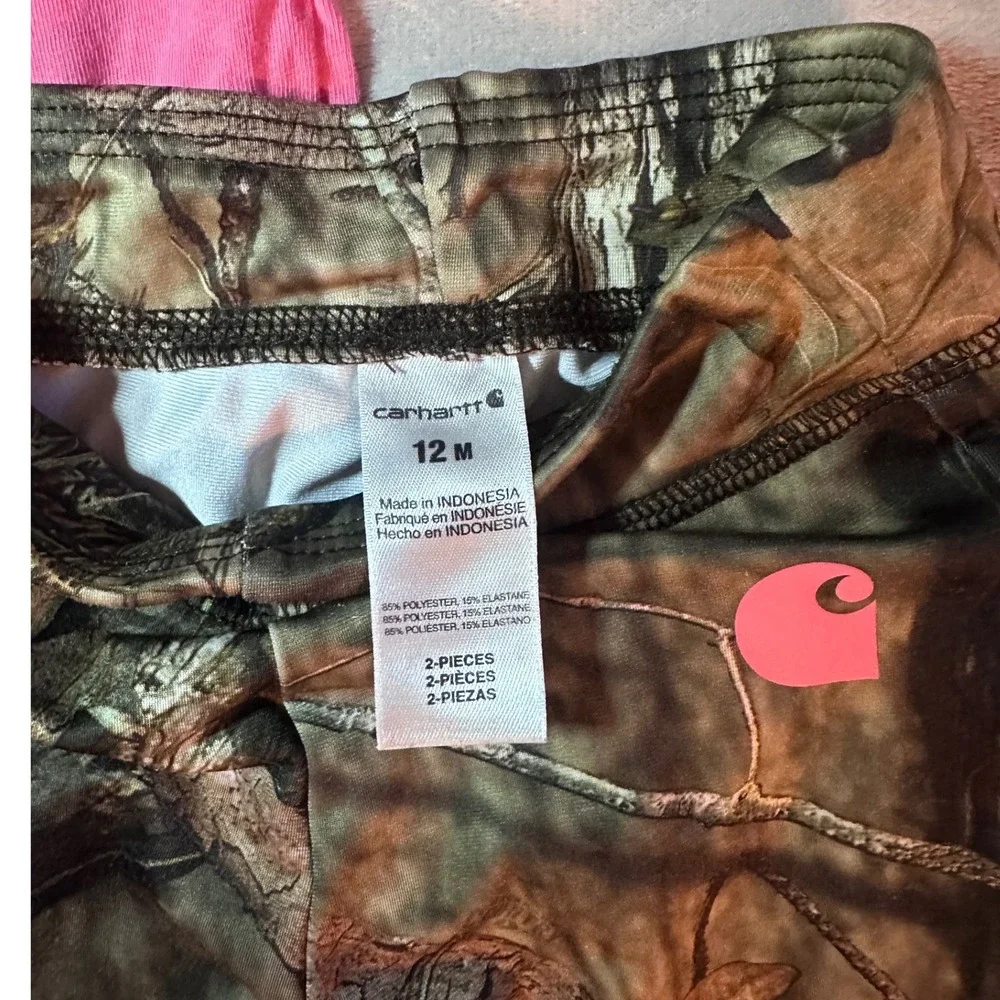 Carhartt Baby Girls 12M 2-Piece Set Pink Deer Peplum Top Camo Leggings Outfit